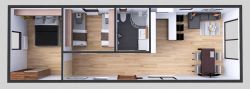 Mobilheimgrundriss 4m x 12m mit Möbeln, Wohnzimmer mit Küche, Badezimmer, 2 Schlafzimmer