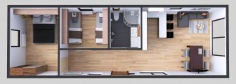 Mobilheimgrundriss 4m x 12m mit Möbeln, Wohnzimmer mit Küche, Badezimmer, 2 Schlafzimmer