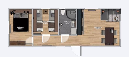 Hausplan 3,5 m x 10 m mit Möbeln - Wohnzimmer mit Küche, Badezimmer, 2 Schlafzimmer